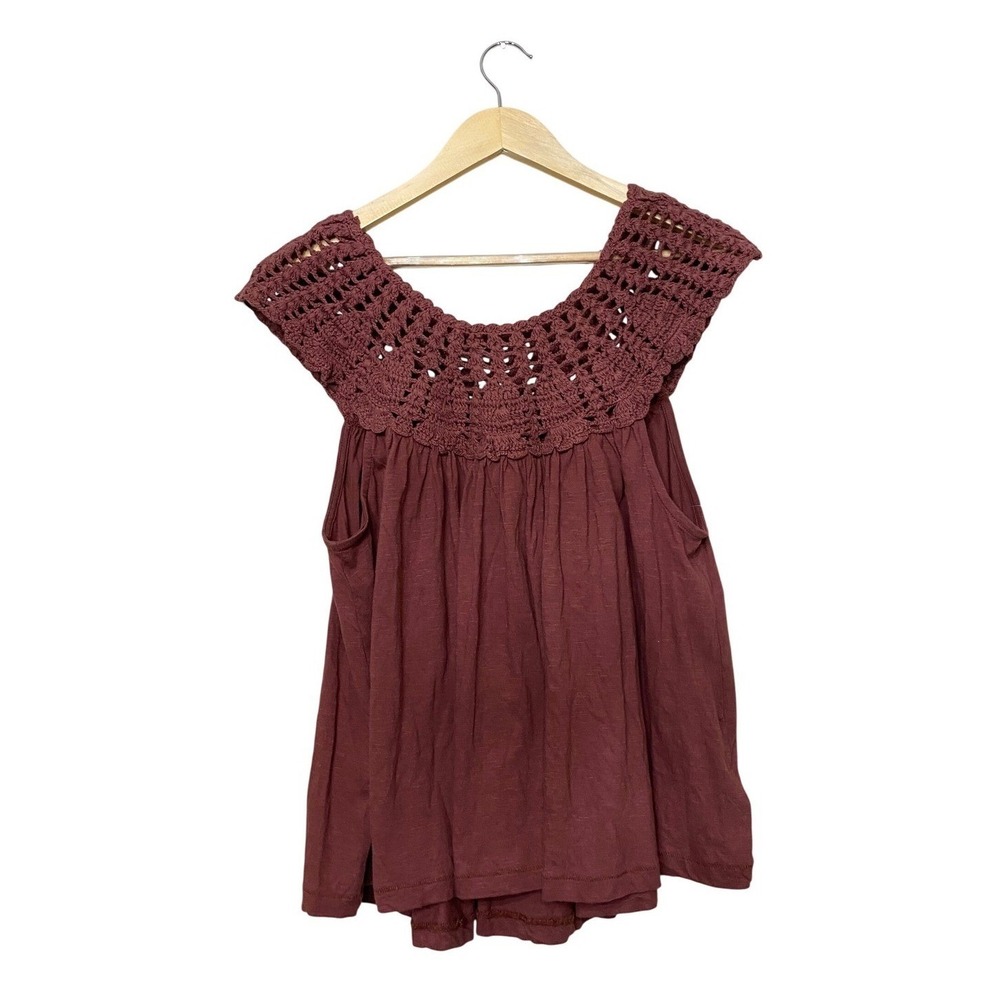 Lucky Brand Womens Brown‎ Crochet Lace Yoke Sleeveless Boho Knit Top Large